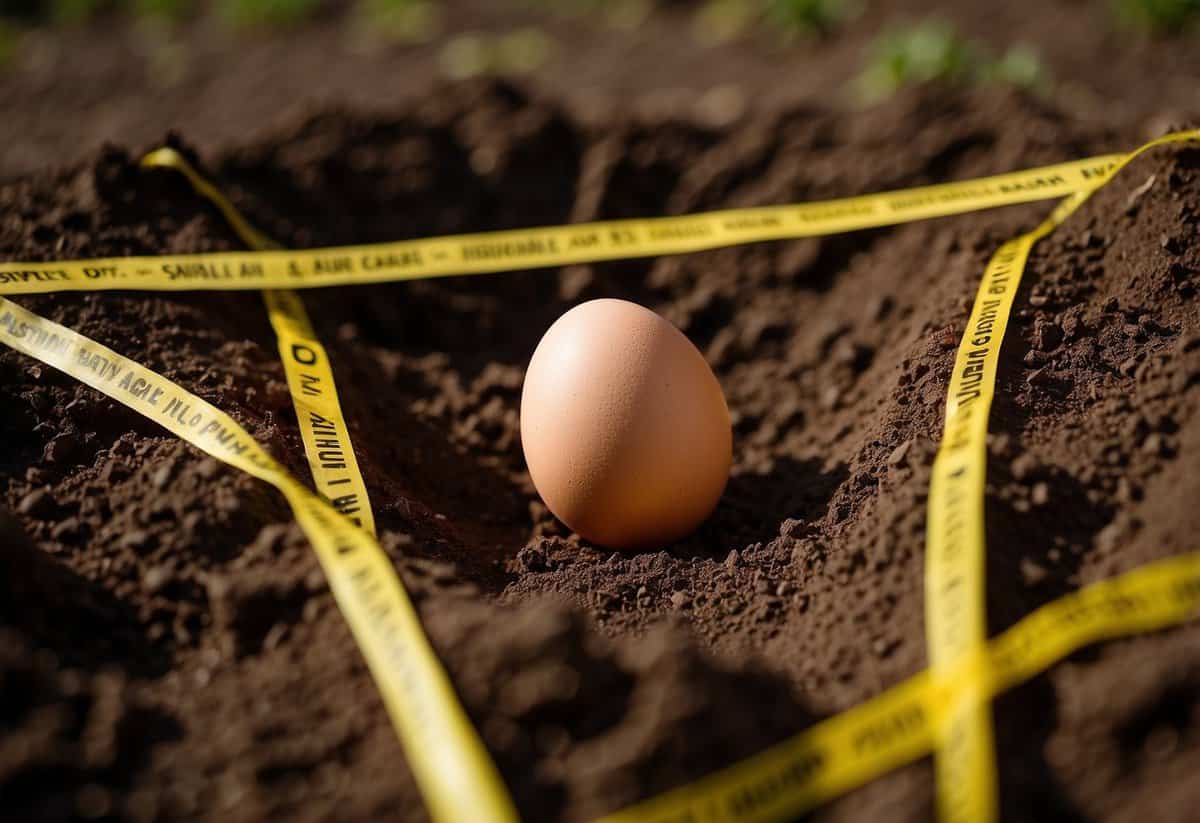 An egg and a banana buried in soil, with caution tape surrounding the area. Signs warning of potential hazards