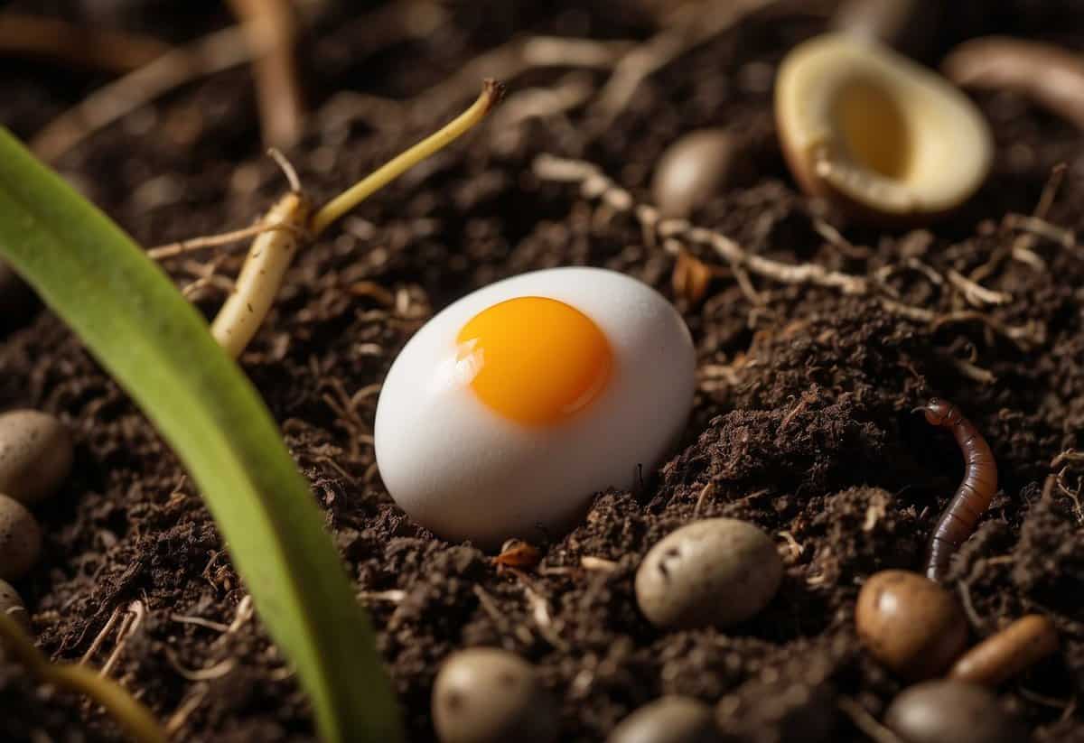 An egg and banana buried in compost, surrounded by decomposing organic matter and earthworms