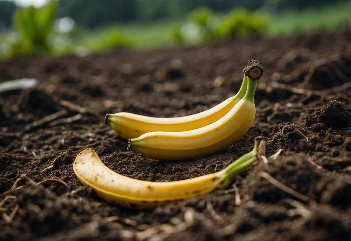 A banana peel lies on the soil, slowly decomposing. Nearby plants show signs of nutrient deficiency