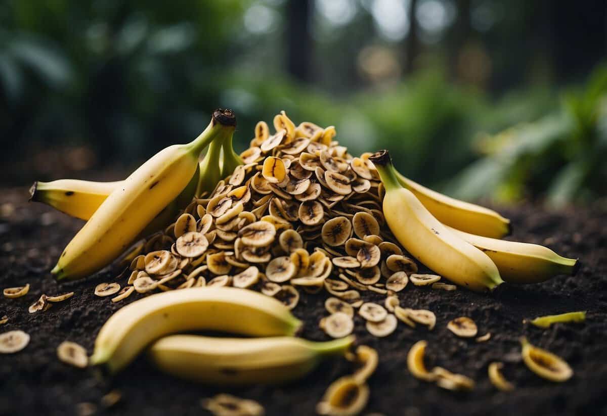 A pile of banana peels sits next to a wilting plant, showing no signs of improvement despite the organic matter