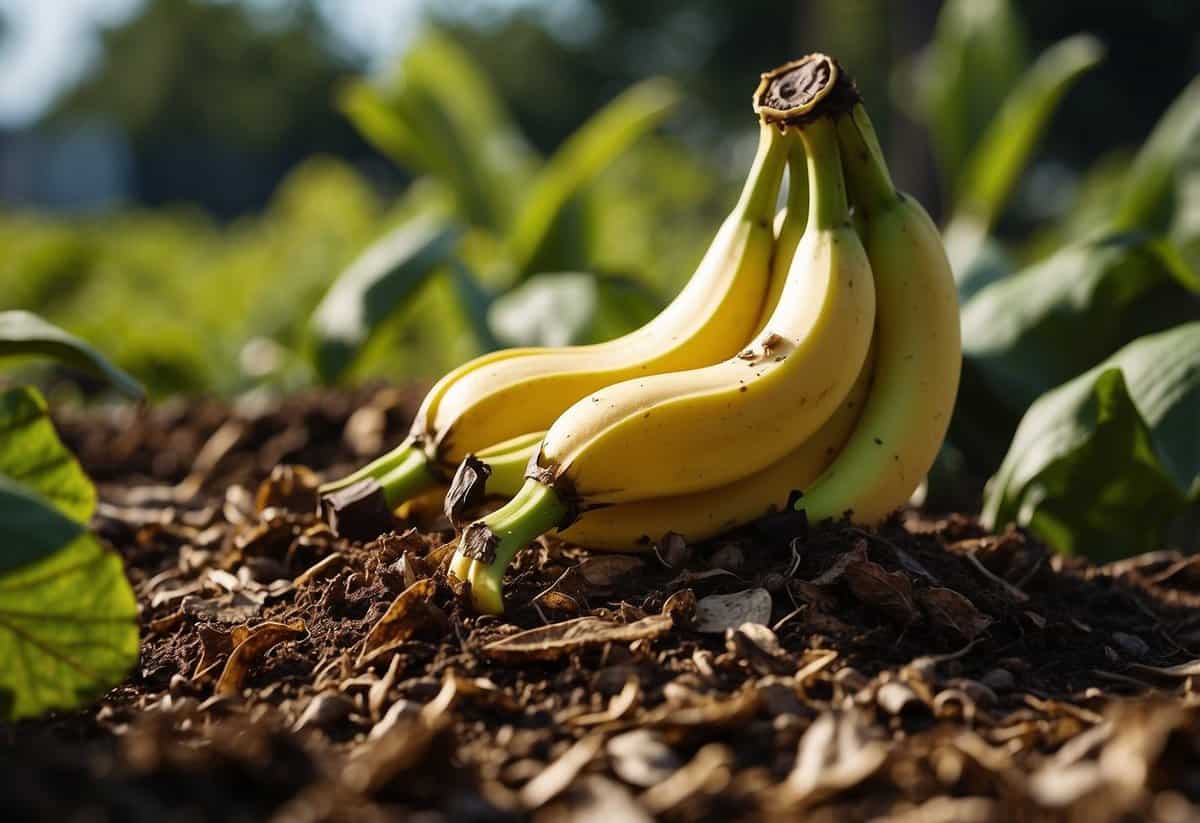 Banana peels scattered around wilting plants, while nearby plants thrive with commercial fertilizer