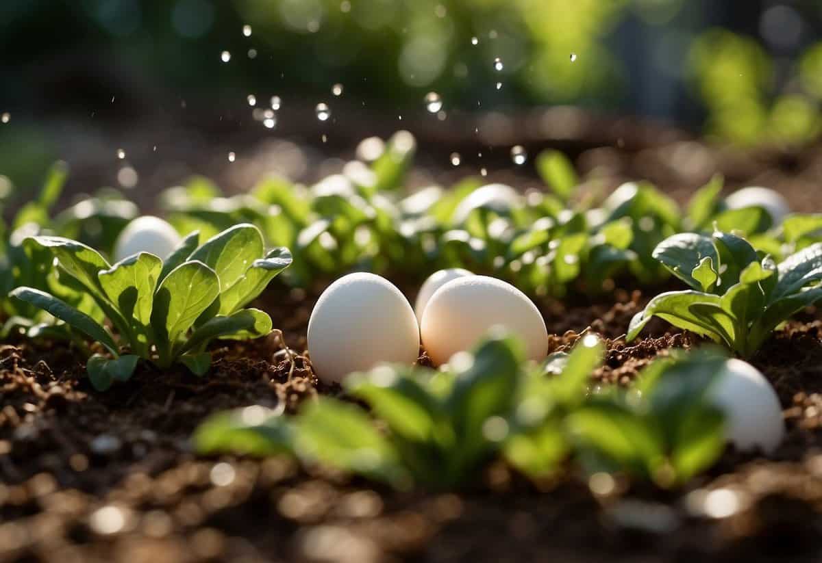 Eggshells scattered around a garden bed, with water being poured over them. Plants thriving nearby, with vibrant green leaves and healthy soil