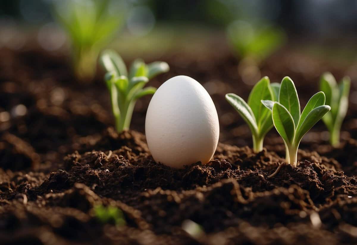 Eggshell water poured onto soil near a growing plant, with roots absorbing the nutrients