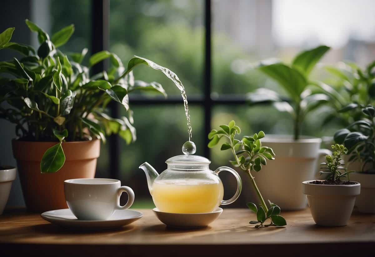 Eggshell water being poured onto potted plants, with a teapot nearby. Plants thriving