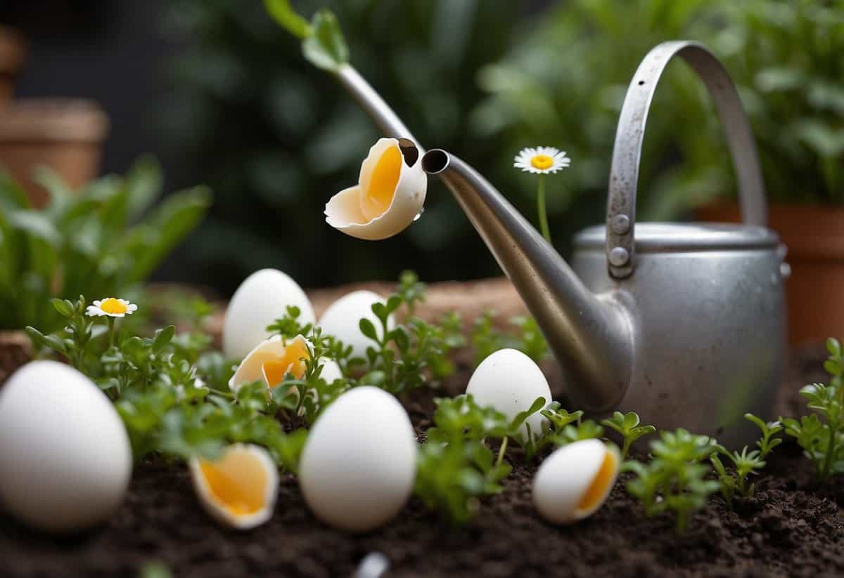 Eggshells scattered around garden plants. Watering can pouring eggshell water onto soil. Plants thriving