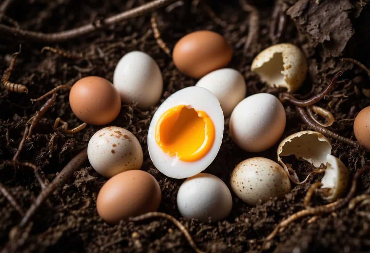 Eggshells scattered in a compost pile, surrounded by decaying organic matter and earthworms