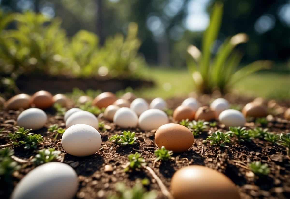 Eggshells scattered around garden plants, acting as natural pest control and protection