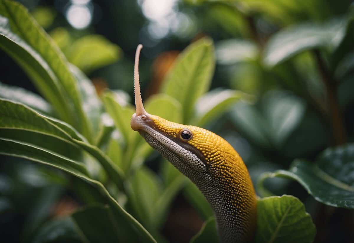 Lush garden with vibrant plants. Slugs devour leaves but recoil from sharp, prickly surfaces