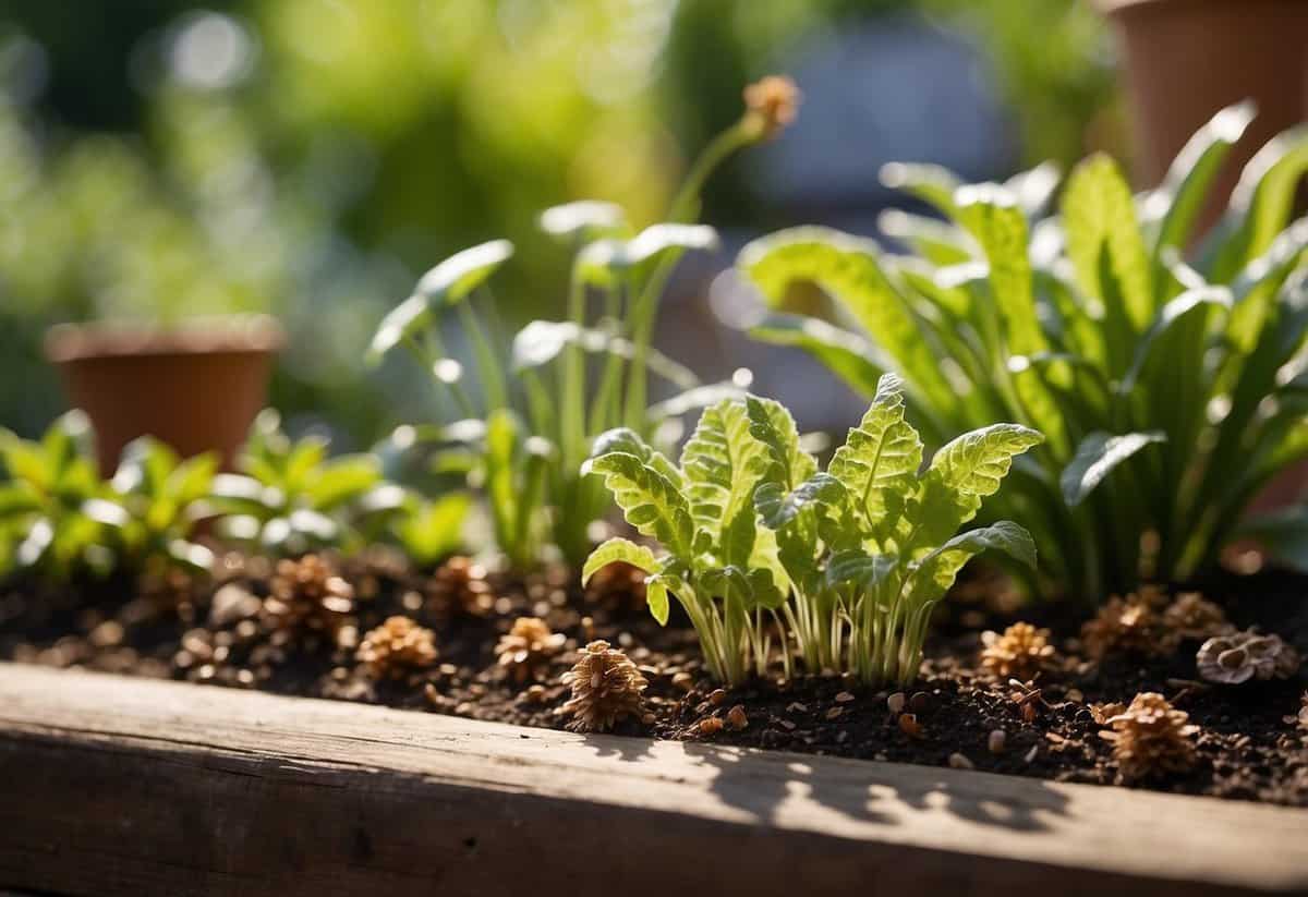 A garden scene with various plants and natural slug deterrents such as copper barriers, diatomaceous earth, and beer traps