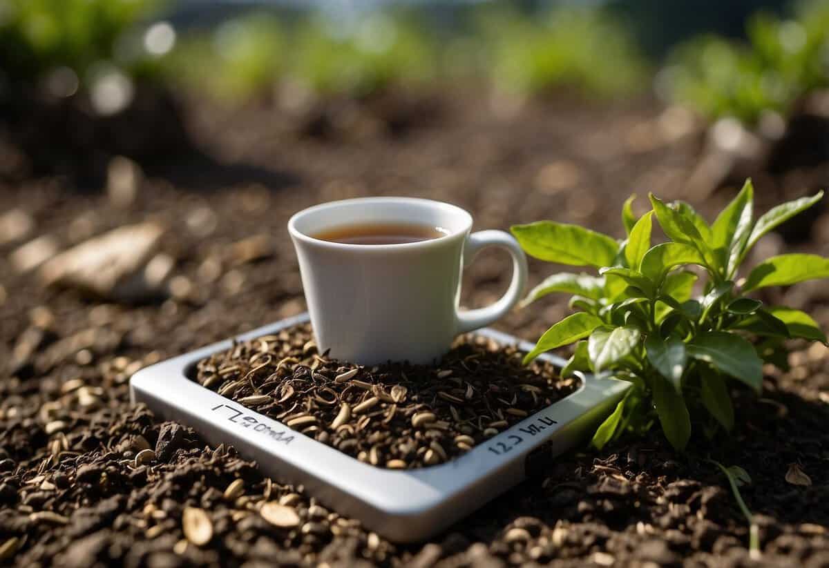 Tea leaves scattered near wilted plants, soil pH meter reading acidic levels