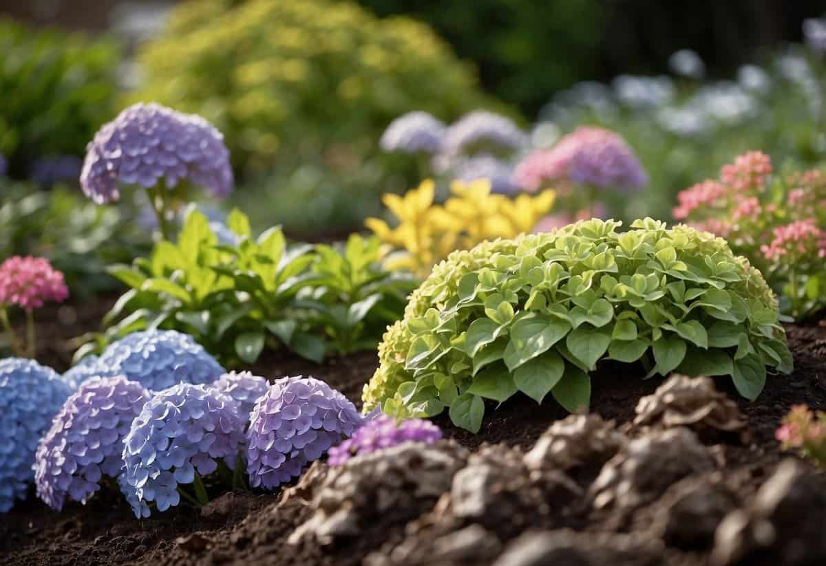 A garden bed with various plants, including those that don't thrive with tea leaves, such as hydrangeas and azaleas. Text "Gardening Tips for Non-Acidic Soil Enthusiasts" is visible