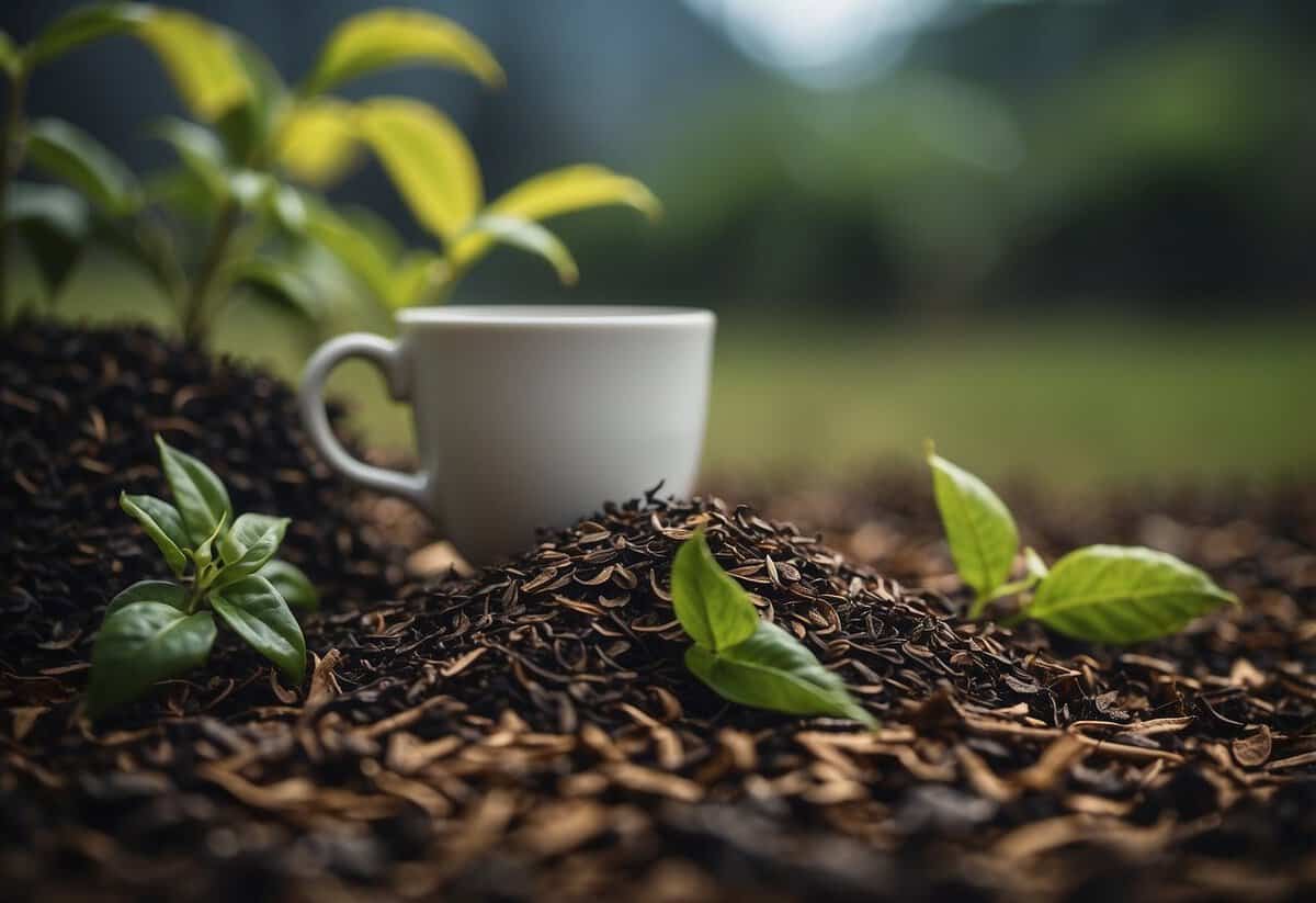 Plants wilt near spilled tea leaves. A wilted plant next to a pile of tea leaves