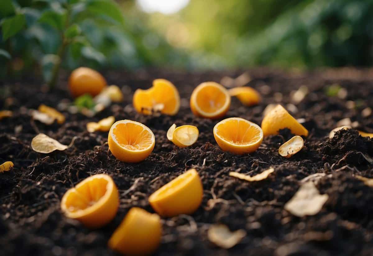 Fruit peels scattered around thriving plants in a garden, showing the natural process of decomposition and enriching the soil