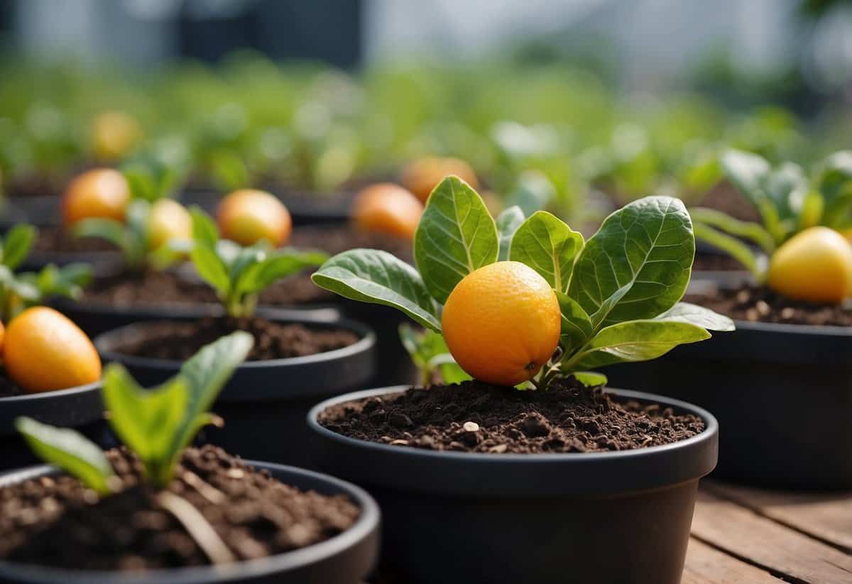 Fruit peels scattered around potted plants, showing improved soil quality and plant growth