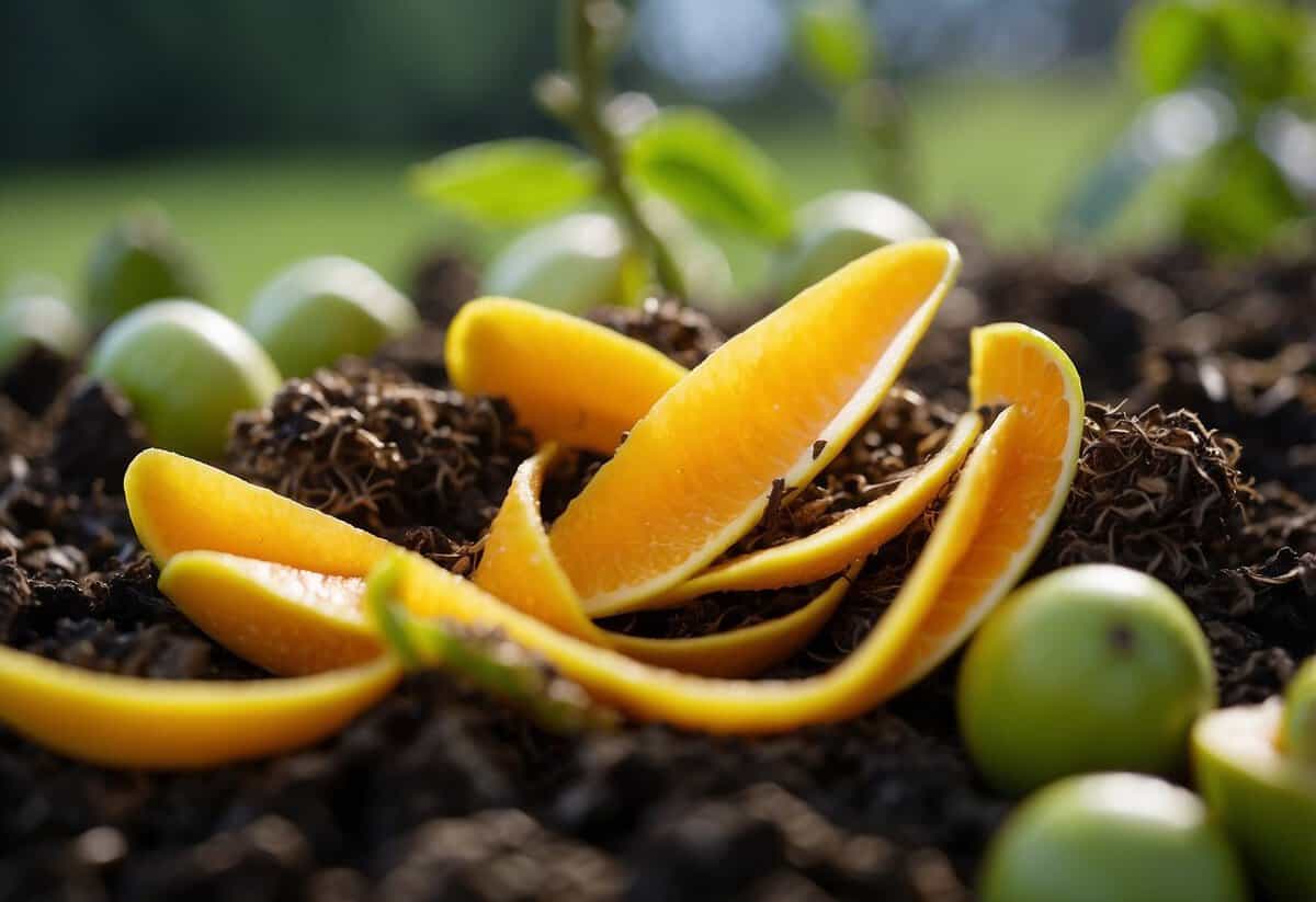 Fruit peels surround a healthy plant, showing no signs of distress or wilting. The soil appears rich and well-nourished, indicating the benefits of using fruit peels as natural fertilizer