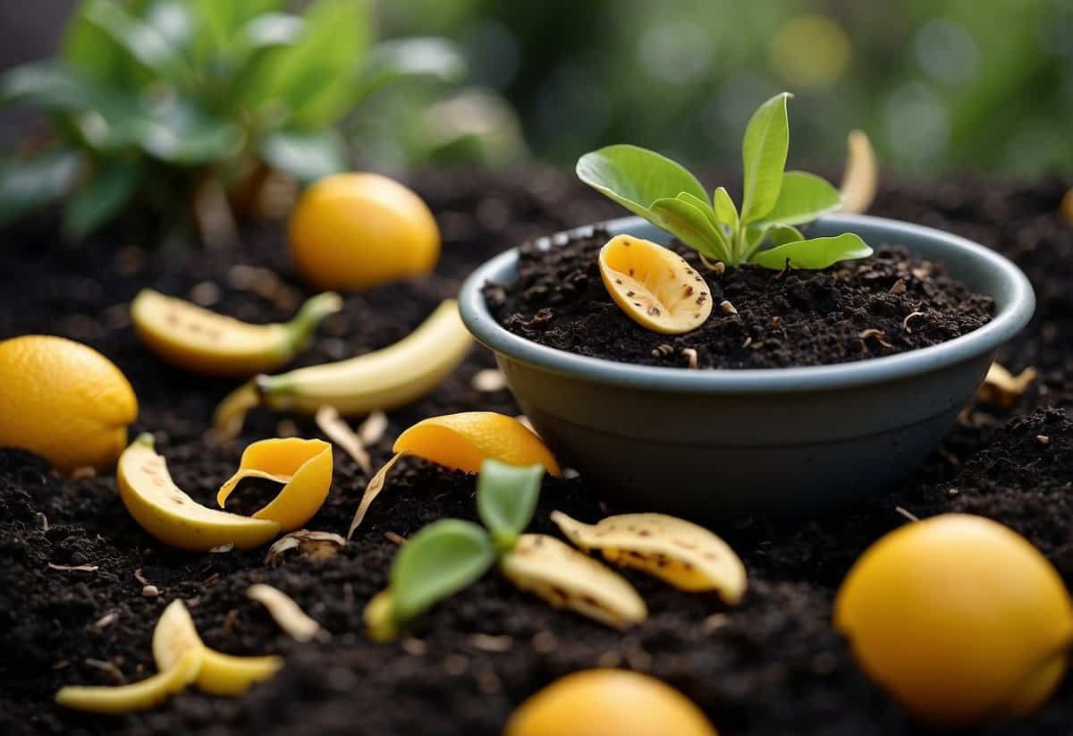 Fruit peels scattered around potted plants, enriching the soil. A garden bed with a layer of citrus and banana peels decomposing, nourishing the plants