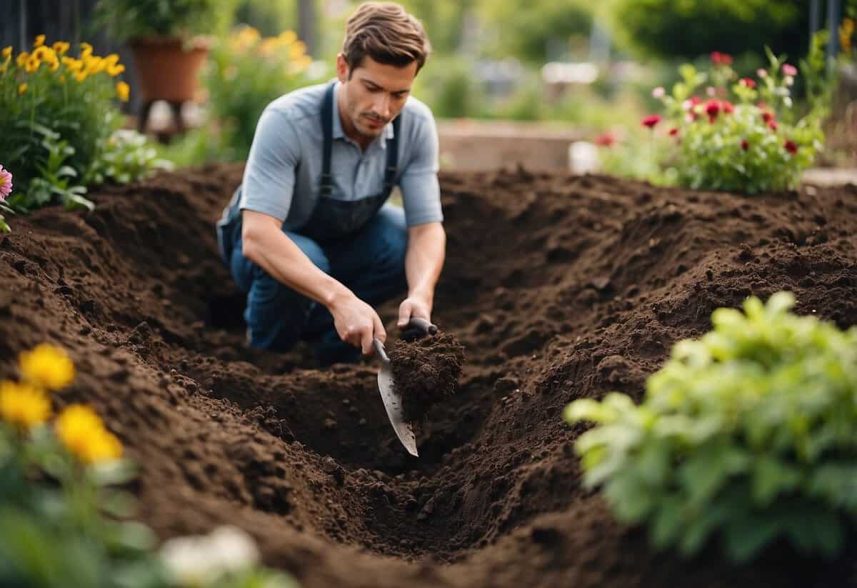 Digging a hole in the garden soil, surrounded by other blooming plants