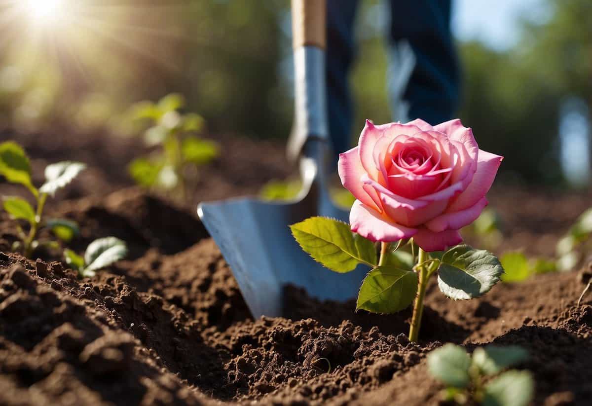 A shovel digs into the earth, planting a vibrant rose bush in a sunny spot