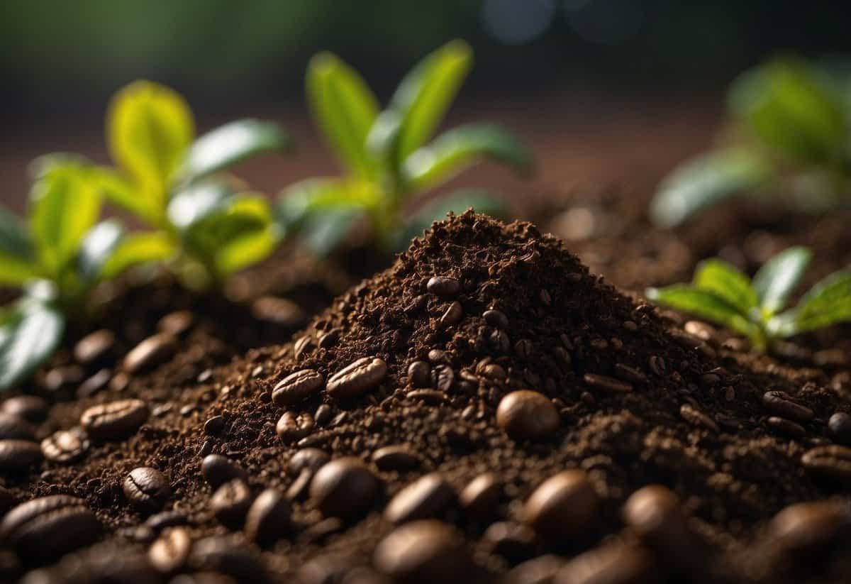 Coffee grounds scattered around healthy plants. Pests avoid the area, leaving soil undisturbed