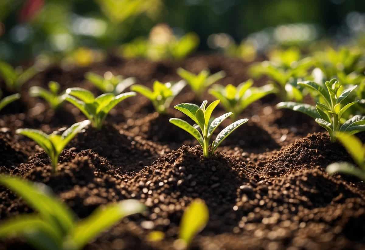 A garden with coffee grounds scattered around plants. Pests avoid the area