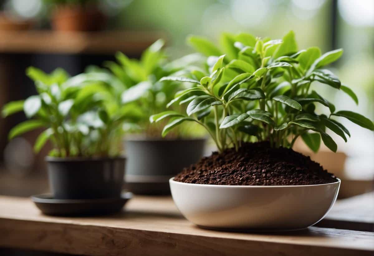 Coffee grounds surround potted plants. Insects avoid the strong scent