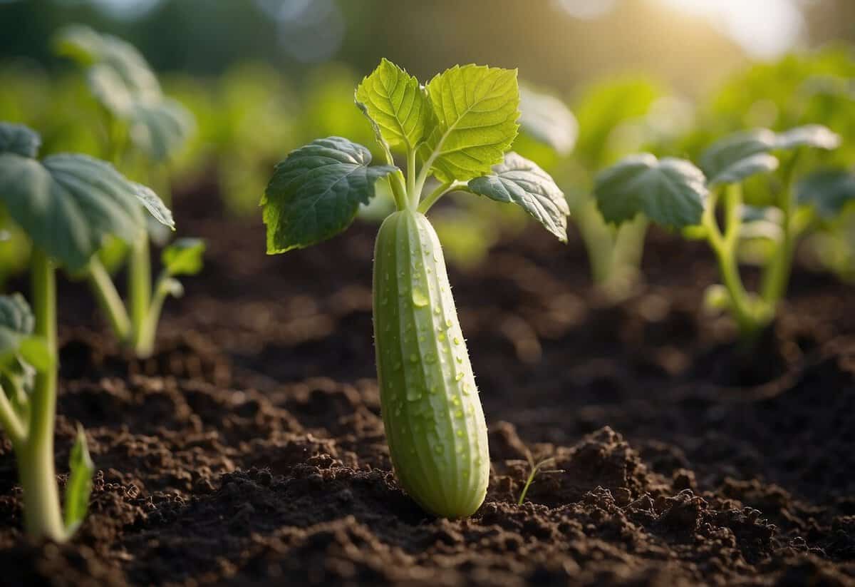 A cucumber plant thrives in rich, fertile soil. Calcium from crushed eggshells aids in its growth, promoting healthy stems and leaves