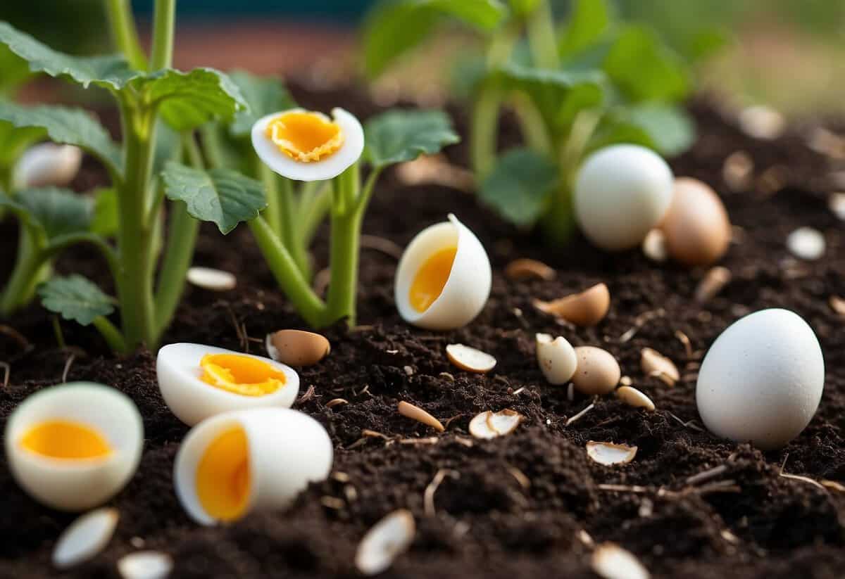 Eggshells scattered around healthy cucumber plants in a garden bed