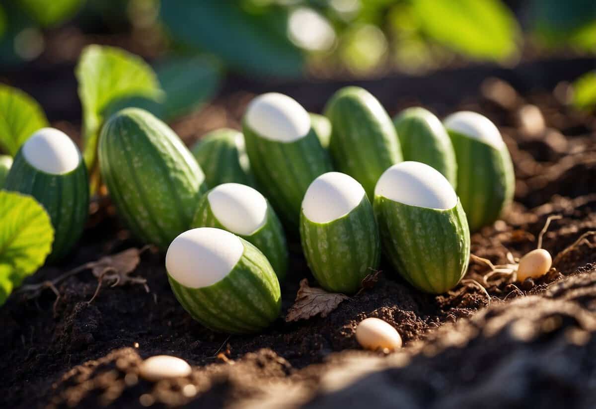 A cucumber plant surrounded by eggshells in a garden bed. The plants are thriving, with healthy green leaves and vibrant, growing cucumbers