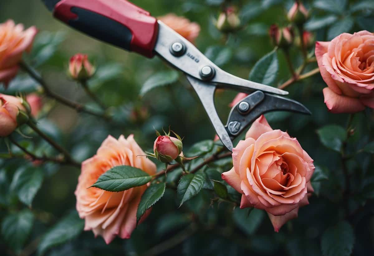 Roses being deadheaded with pruning shears in a garden