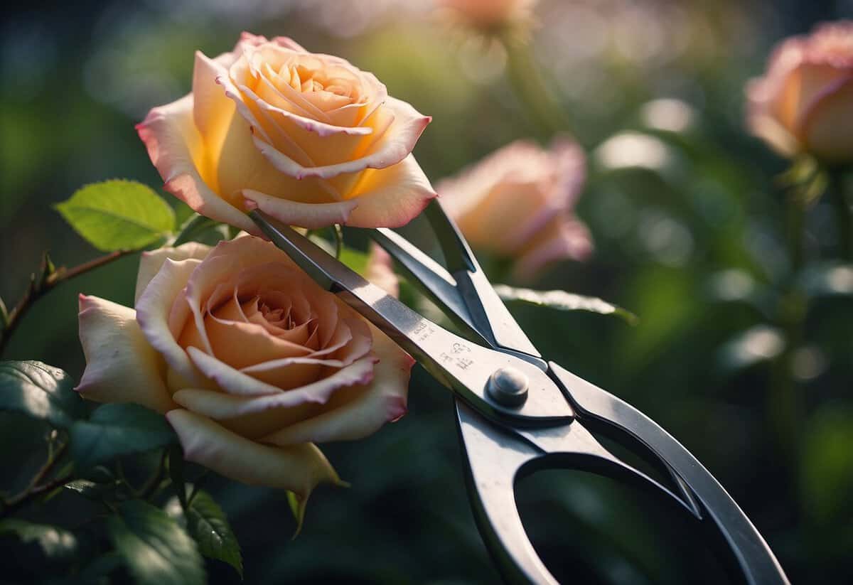 A pair of sharp gardening shears snipping off spent rose blooms, leaving behind healthy stems and encouraging new growth