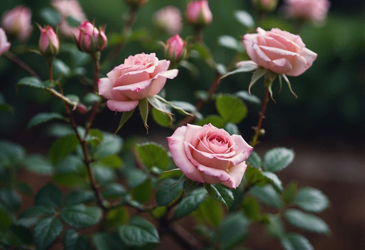 A pair of pruning shears snips off spent rose blooms, leaving behind healthy stems and new buds. Fallen petals are gently cleared away from the base of the bush