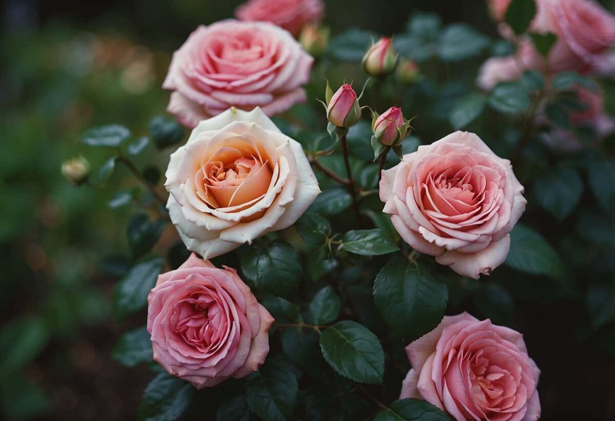 A variety of roses in different colors and sizes, some with wilted blooms, others with fresh buds, surrounded by lush green foliage