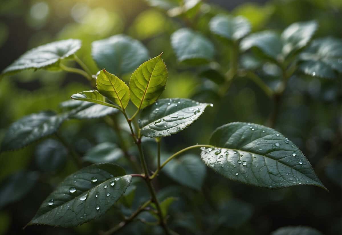 Rose leaves with small, round holes. Surrounding plants show similar damage. Nearby, a diverse array of insects, birds, and other wildlife can be seen