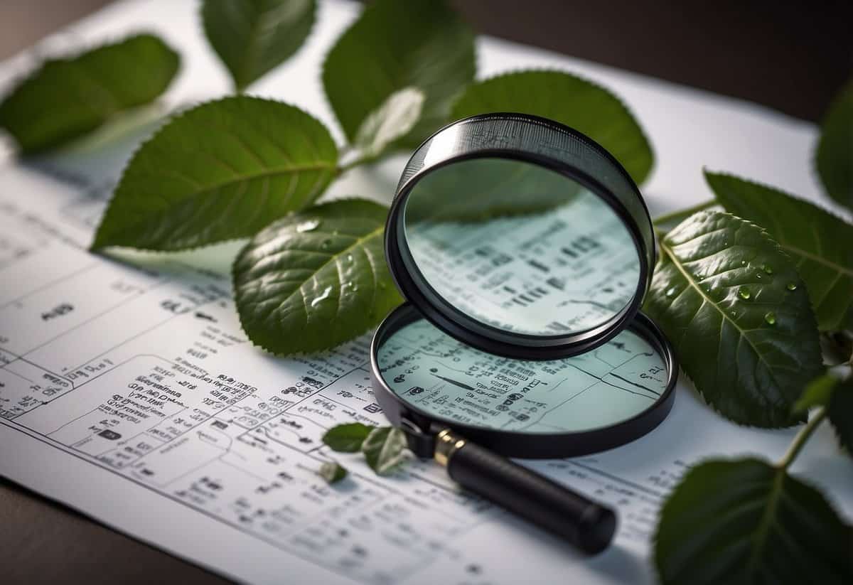 Rose leaves with small holes, surrounded by a magnifying glass and a diagnostic chart