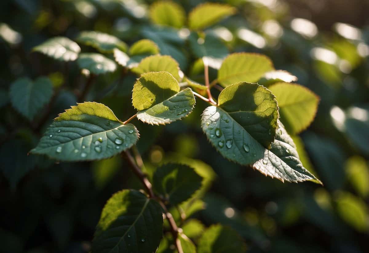 Rose leaves with small holes, surrounded by healthy foliage. No signs of disease or pests nearby. Sunlight filters through the leaves, casting dappled shadows on the ground