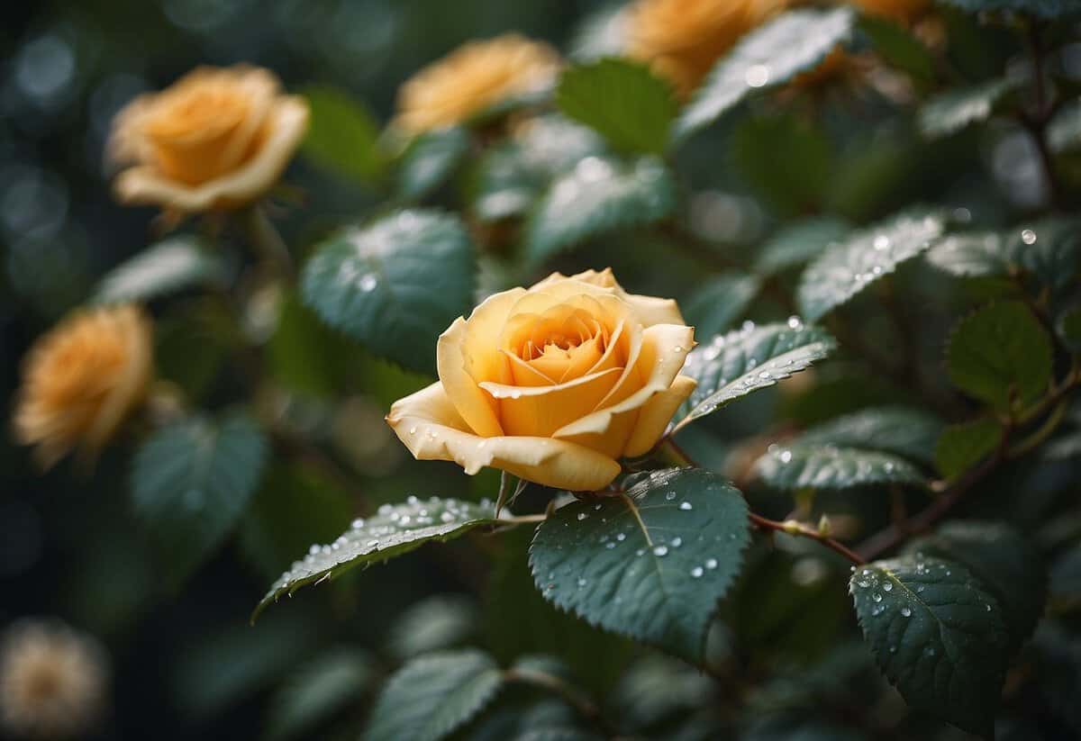 Rose leaves with small holes, some surrounded by discoloration. Possible solutions nearby, such as organic insecticidal soap and neem oil spray