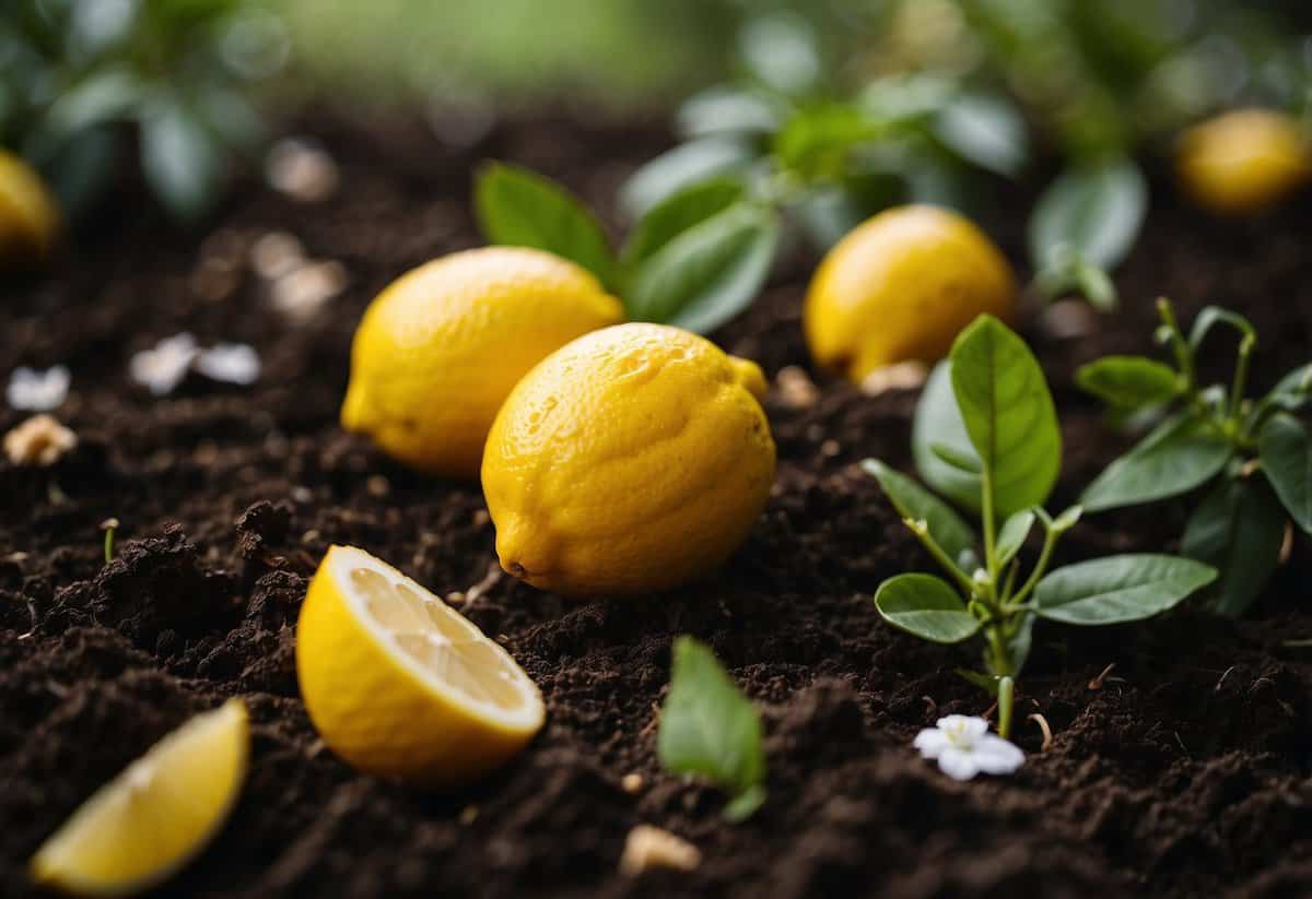 Lemon peels scattered on rich soil, surrounded by thriving plants and flowers