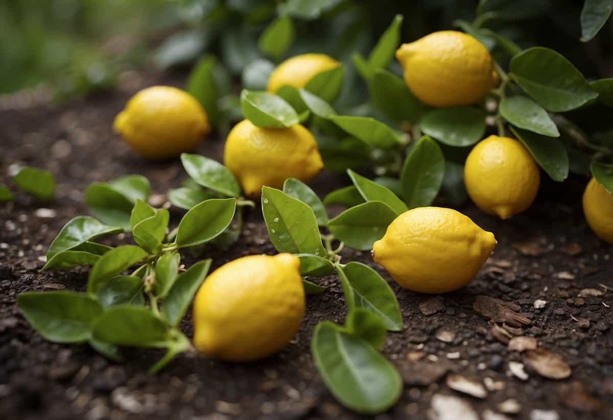 Lemon peels scattered around garden plants, deterring pests