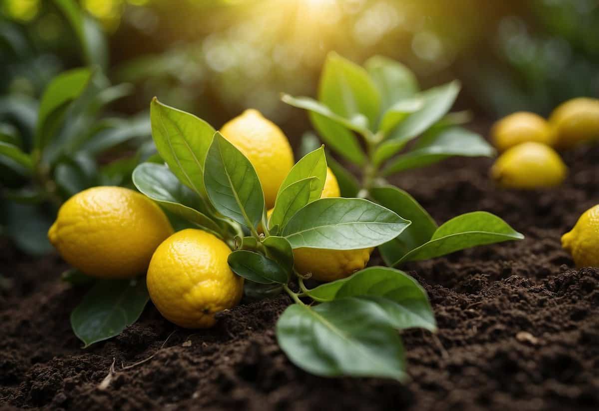 Lemon peels scattered around thriving plants in a sunlit garden. The vibrant green leaves and healthy soil indicate successful plant care and growth