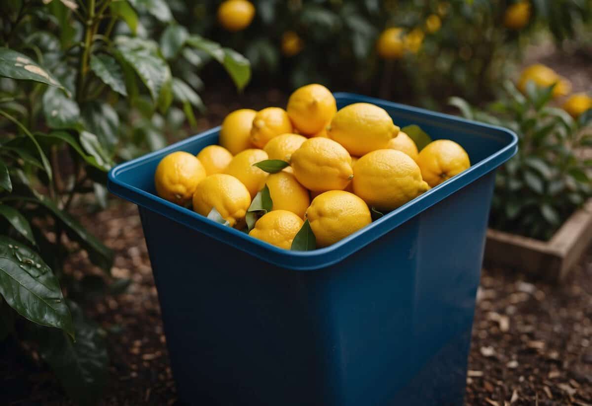 Lemon peels scattered around vibrant garden plants, releasing nutrients into the soil. A compost bin nearby filled with citrus remains