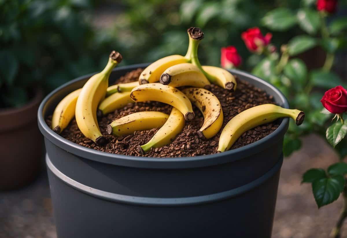 Banana peels and coffee grounds are mixed in a compost bin near a blooming rose bush