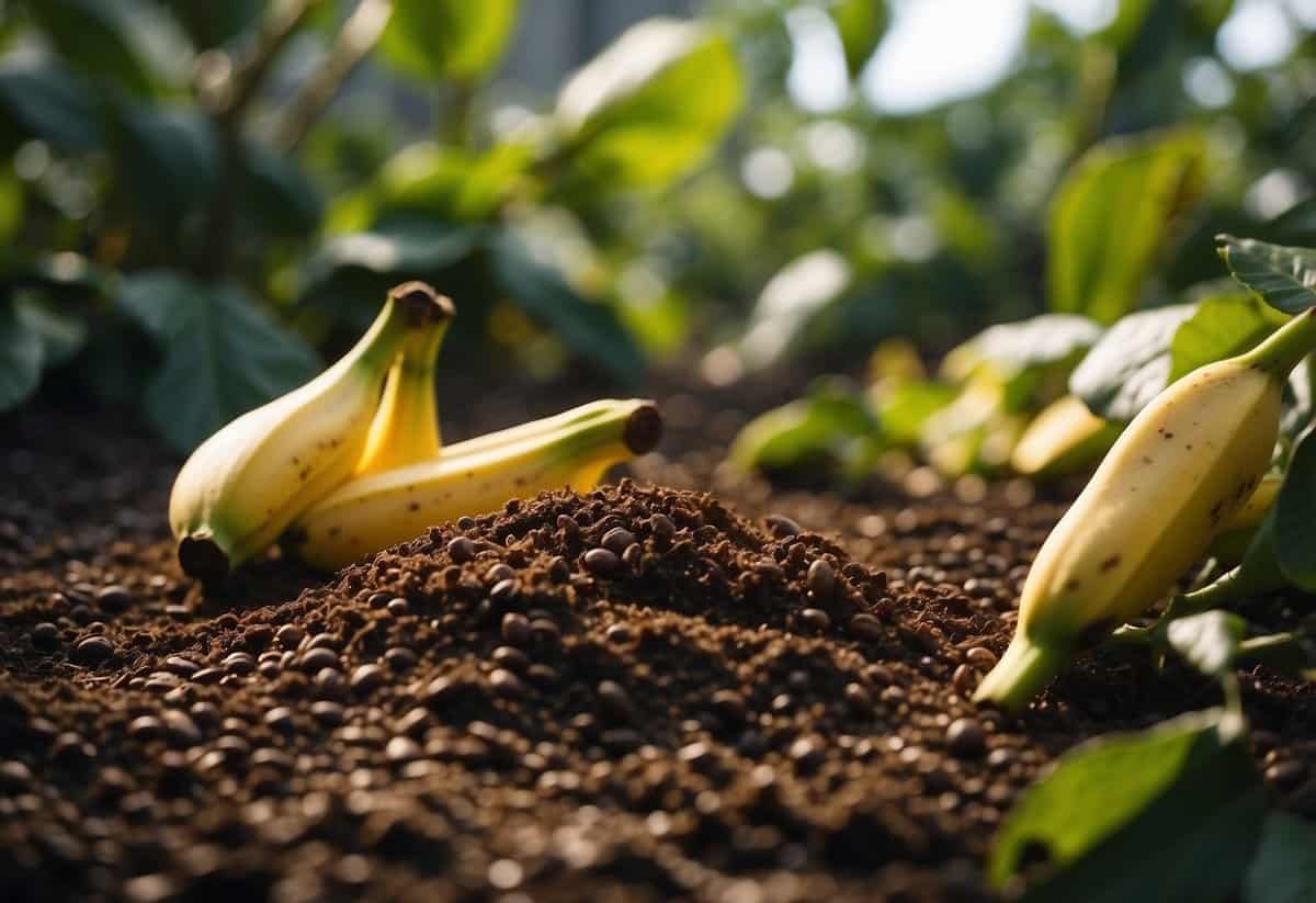 Banana peels and coffee grounds spread around rose bushes