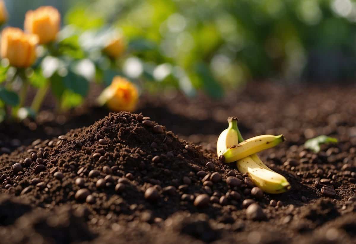 Banana peels and coffee grounds are mixed into the soil of a vibrant rose garden, enhancing the plants' growth and health