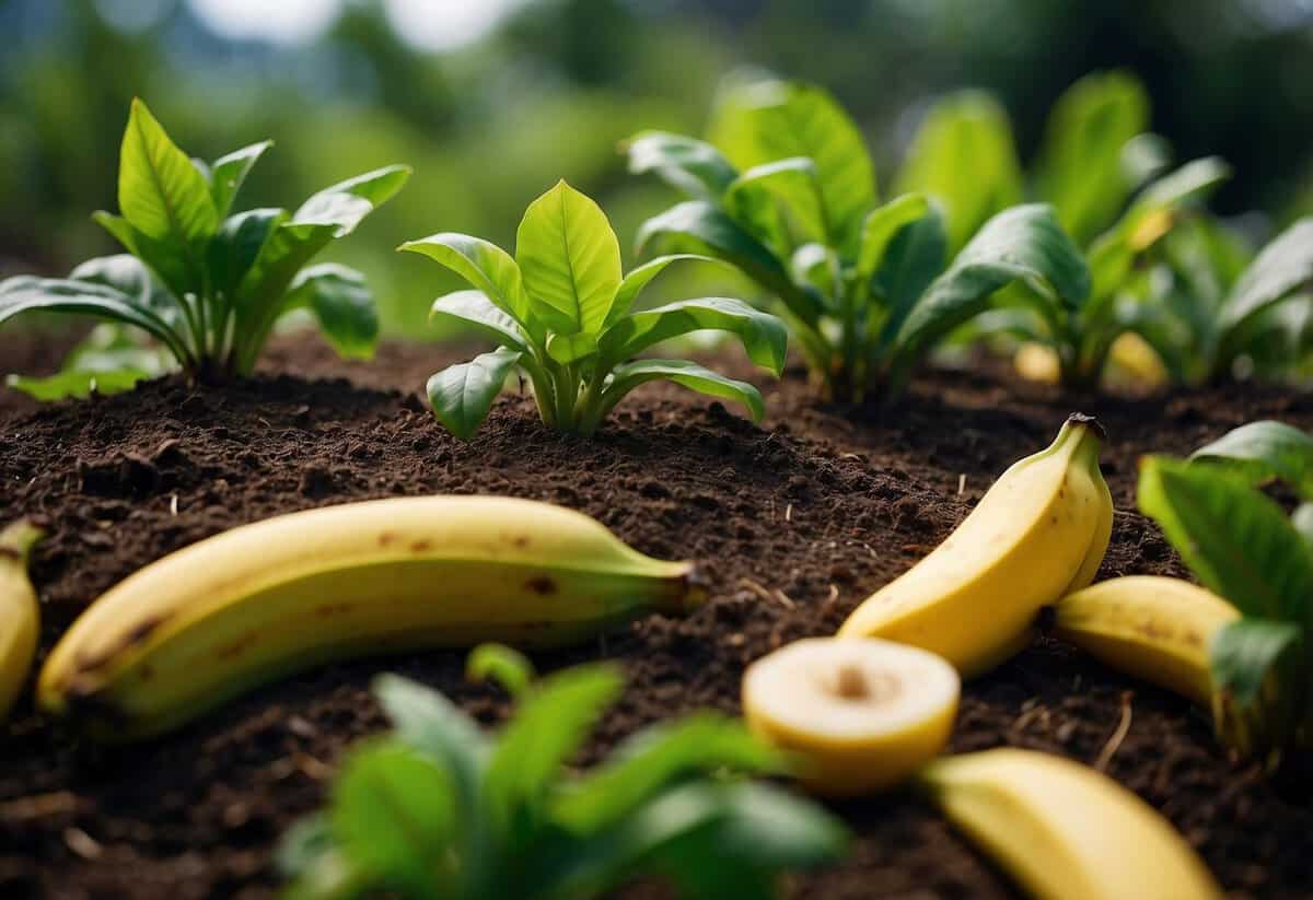 Lush green plants surrounded by scattered banana peels. A happy, thriving plant with a visible banana peel placed at its base