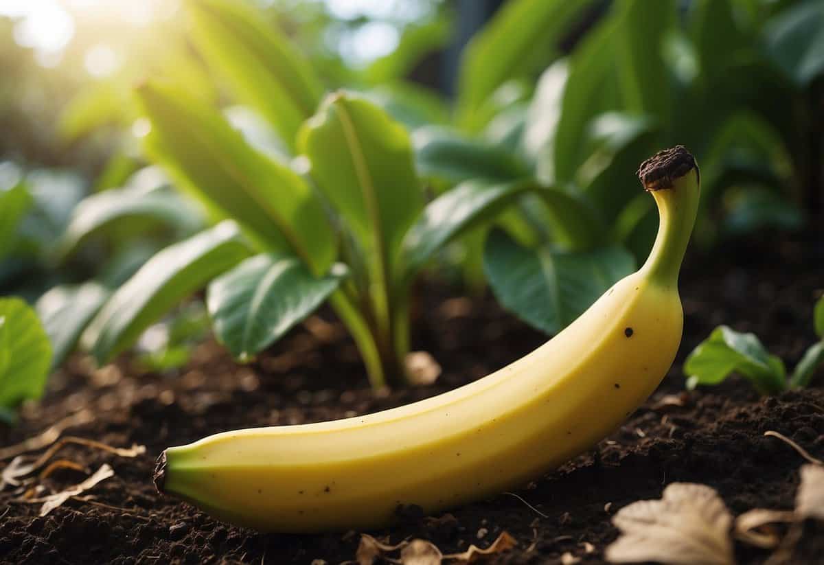 Banana peels scattered around thriving plants in a garden. Lush green leaves and vibrant flowers indicate healthy growth