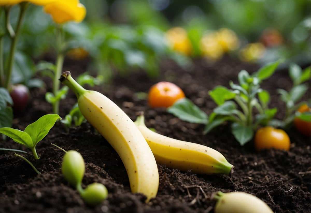 Banana peels scattered around garden plants, visibly decomposing. Tomato, rose, and pepper plants thriving nearby