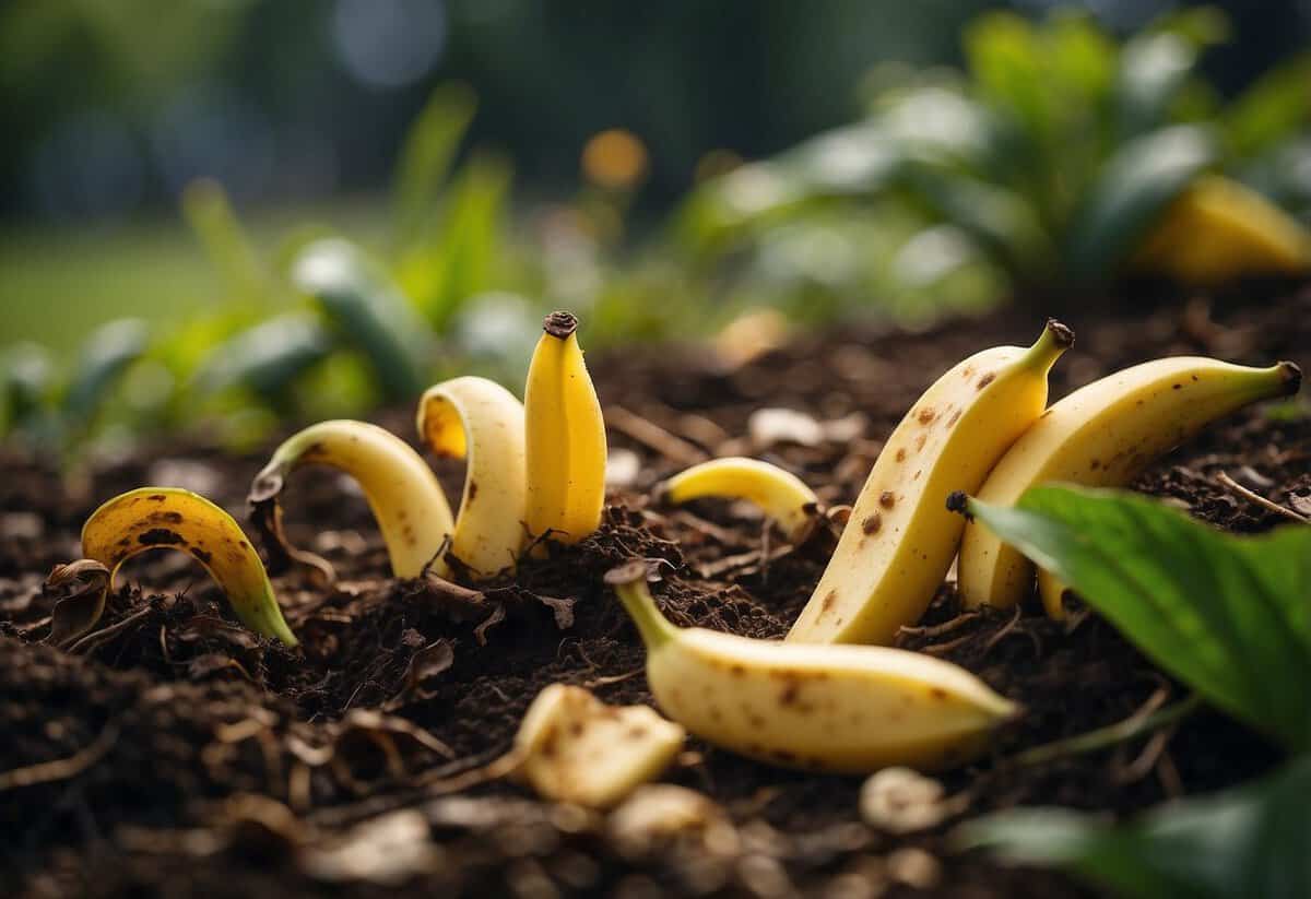 A garden with scattered banana skins, surrounded by slugs