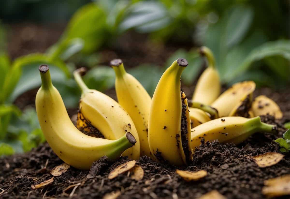 Banana skins scattered around garden plants, with slugs avoiding them, could be an effective illustration for traditional slug prevention