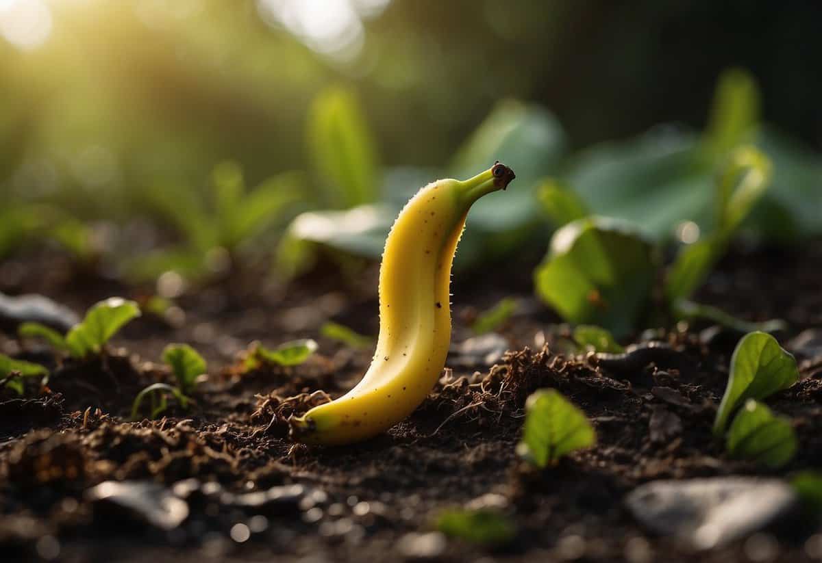 A banana skin lies on the ground, surrounded by slugs. One slug is approaching the skin cautiously, while others seem to be avoiding it