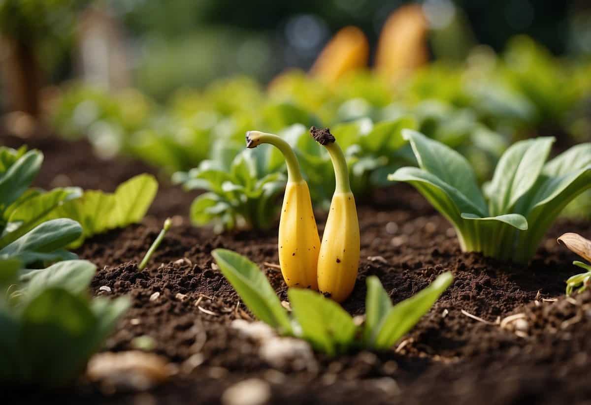 A garden bed with banana skins placed around plants. Slugs are shown avoiding the area, while companion plants thrive